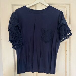 Anthropologie Navy Eyelet Sleeve Tee